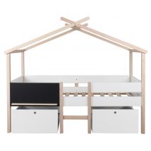 Nordic Factory - Lit cabane enfant avec tiroirs 90X200 - blanc et bois - tableau ardoise - avec sommier à lattes - pin massif et MDF - modèle Alto