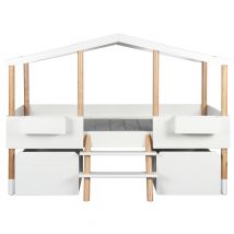 Nordic Factory - Lit cabane piloti 90x200 avec tiroirs de rangement - blanc et bois naturel - avec sommier - pin massif et MDF - modèle Piloti