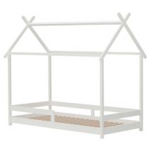 Nordic Factory - Lit cabane enfant 90x200 + barrières - blanc - avec sommier à lattes - bois Pin massif et MDF - modèle Bivouac