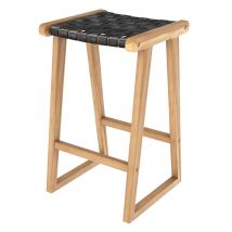 Taburetes para isla de cocina de teca y cuero negro tejido 65 cm - Yuma