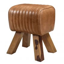 Tabouret en cuir marron et bois de manguier - Morena