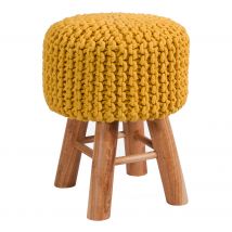 Petit tabouret tricot en coton jaune moutarde - Lisa