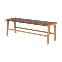 Banc 120 cm en cuir tressé marron et bois de teck - Kuna