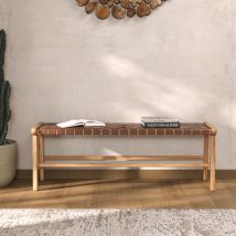 Banco de 120 cm en cuero tejido marrón y madera de teca - Kuna
