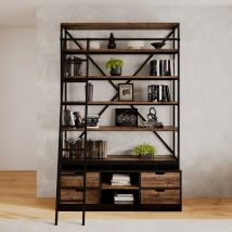 Librería de madera y metal 160 cm con escalera, 4 cajones - Kasi