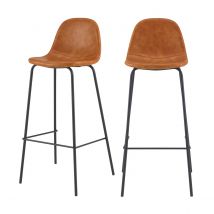 Tabouret de bar haut en cuir synthétique camel 75cm, design vintage industriel, confortable, lot de 2 chaises de bar Henrik - Rendez-Vous Déco