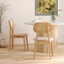 Set de 2 sillas en madera clara, tela beige y ratán - Maria