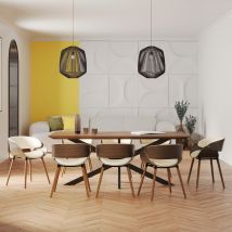 Mesa y sillas para 8 personas de cuero sintético beige y madera - Surdiman