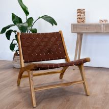 Sillón de teca y cuero tejido marrón - Kuna