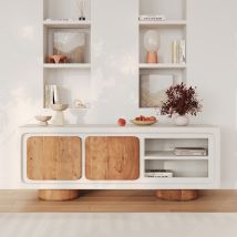 Mueble de TV en concreto blanco roto y madera de acacia 150 cm - Eden