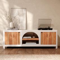 Mueble de TV en concreto blanco roto y madera de acacia 145 cm - Fira