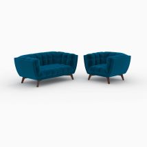 Pack sofá y sillón de terciopelo azul 3 plazas - Mona