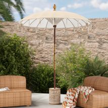 Paquete de parasol de tela crema y base de parasol de madera de suar - Ali
