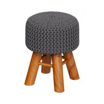 Petit tabouret rond en tricot coton gris foncé et pieds en bois - Lisa