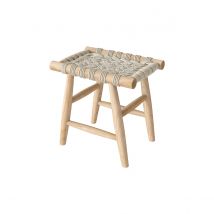 Taburete blanco tejido en macramé y rama de teca - Kira