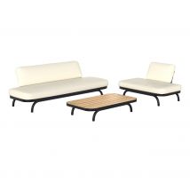 Salon de jardin blanc cassé avec canapé, fauteuil et table basse en bois - Samba