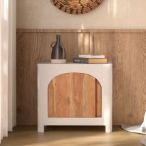 Mesita de noche en concreto blanco roto y madera de acacia - Fira