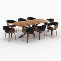 Table et chaises 8 personnes en cuir synthetique noir et bois - Piada - Rendez-Vous Déco