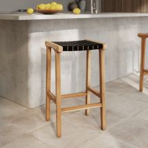 Taburetes para isla de cocina de teca y cuero negro tejido 66 cm - Kuna