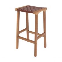 Tabouret pour îlot central 68 cm en teck et cuir tressé marron - Kuna