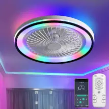 Ventilateur de plafond encastré blanc de 48 cm avec effets lumineux RVB colorés, télécommande et application