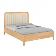 Lit en bois de hêtre MODENA avec tête de lit tapissée, 160x200, naturelle, tissu écru