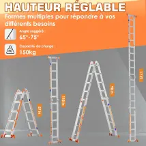 Échelle Télescopique Multi-Positions 5 en 1 – Aluminium 5 Marches, Extension 5.2 m avec Barre de Stabilisation & Roues, Charge Maxi 150 kg – Utilisation Escalier, Maison, Toiture & Extérieur