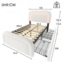 Lit Coffre Simple 90x200cm avec Chargement USB, Éclairage LED, 2 Tiroirs et Tête de Lit Réglable