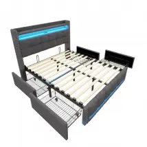 Lit Double - 160x200 cm - Capitonné - LED - Rangement avec tiroirs