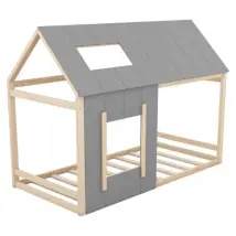 Lit cabane enfant 90x200 cm Lit simple 1 personne Forme de maison avec toit et fenêtres, naturel + gris