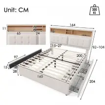 Lit Double 160 X 200 2 Personnes Lit Adulte Avec 4 Tiroirs Et Prise Usb C TêTe De Lit RéGlable Sommier à Lattes ,Beige