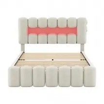 Lit Double 140 X 200cm 2 Personnes Lit Adulte avec 4 Tiroirs USB Et Bande Lumineuse LED StéRéO, Beige