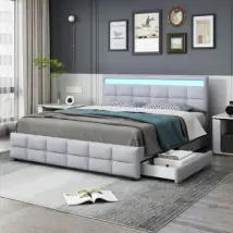Lit adulte 180 x 200 cm avec 4 tiroirs, lattes et dossier, LED, velours, gris