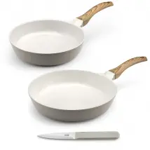 Mythic - Set 2 poêles 24/28cm revêtement céramique blanche, 1 couteaux d'office