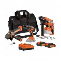 Pack 3 outils - DUAL POWER - 20 V - Perceuse/visseuse + meuleuse d'angle + marteau perforateur - 2 batteries et chargeur - Sac