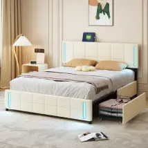 Lit adulte 140 x 200 cm avec douille LED 4 tiroirs, lin, beige