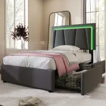 Lit enfant 90x200 cm, LED, 2 tiroirs, tête de lit réglable, lattes, lin, gris