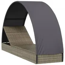 Transat chaise longue bain de soleil lit de jardin terrasse meuble d'extérieur avec toit rond 211 x 57 x 140 cm résine tressée gris 02_0012694