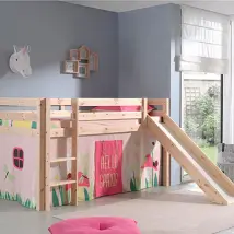 MES Lit surélevé 90x200 cm avec toboggan - Naturel/Rose
