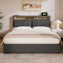 KOMHTOM Lit double avec tiroirs et USB-C - Gris 160x200 cm