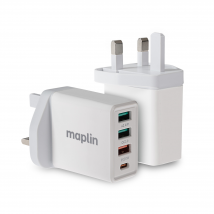 Maplin 4 Port USB Wall Charger 3x USB-A 2 1x USB-C PD QC 3.0 20W High