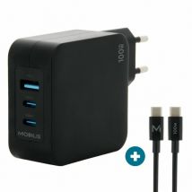 Mobilis Charger 100W 2USB C 1USBA GaN cable 100W Laptop. Smartphone. T
