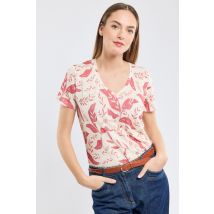 T-shirt col V imprimé - lin