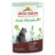 44 + 4 gratis! 48 x 70 g Almo Nature Holistic umido per gatto - Anti Hairball Manzo