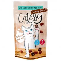 Snacks crujientes Catessy para gatos - 15 x 65 g - Pack Ahorro - con salmón, gambas y trucha