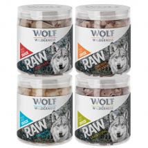 Set prova! Snack Premium liofilizzati Wolf of Wilderness - RAW - Mix: Cuori di pollo, Polmoni di agnello, Fegato di manzo, Gole di anatra 300 g