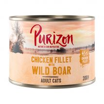 Purizon Adult 24 x 200 g comida húmeda para gatos, sin cereales - Pack Ahorro - Filete de pollo con jabalí