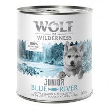 12x800g Little Blue River Junior Kip & Zalm Wolf of Wilderness Hondenvoer