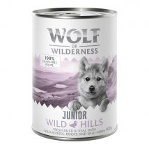 Lot Wolf of Wilderness 24 x 400 g pour chiot - Wild Hills Junior - canard, veau