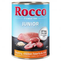 Prezzo speciale! Rocco Junior per cani - 6 x 400 g Rocco Junior Umido con Pollame con Cuori di Pollo e Riso